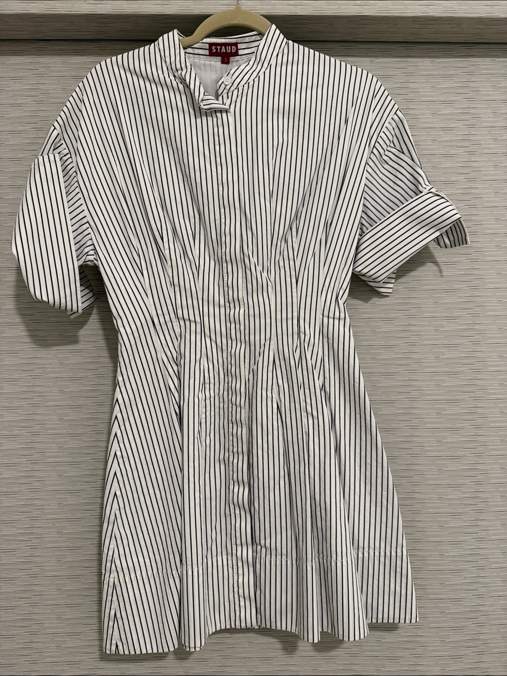 STAUD White and Black Pinstripe Short Shirtdress